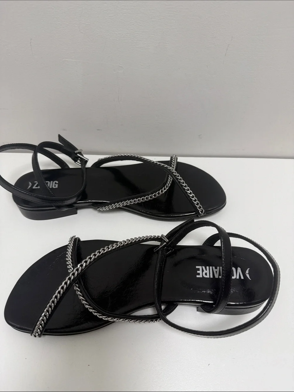 Zadig & Voltaire Black Leather Strappy Sandals with Silver Chain Trim sz EU38 - Picture 11 of 16